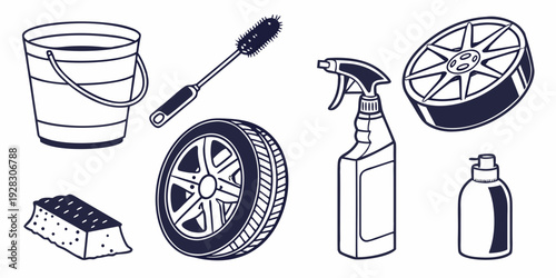 Assorted cleaning tools and supplies arranged on a white background Vector