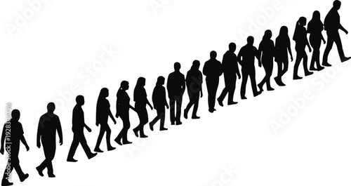 Walking people silhouettes set, diverse crowd moving forward isolated black vector illustration collection for social concept