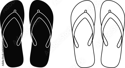 Flip flops silhouette and outline set, summer beach sandals illustration, black and white vector footwear isolated on background