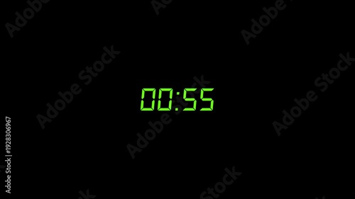 Digital Countdown Timer 60 to 0 Seconds with Green Glowing LCD Numbers on Black Background