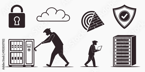 A person navigating through a maze of security icons and cloud storage. Vector