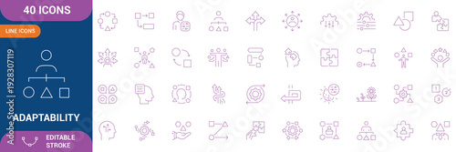 Adaptability Icon Set. adaptability, flexibility, resilience, agility, change management, growth mindset, problem solving and etc. Editable stroke. Vector illustration