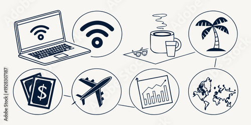 A diverse collection of icons representing various modern technologies and services. Vector