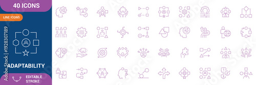 Adaptability Icon Set. adaptability, flexibility, resilience, agility, change management, growth mindset, problem solving and etc. Editable stroke. Vector illustration