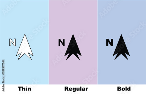 Three variations of navigation arrow icon in thin, regular, and bold styles