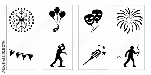Illustrations of various party and celebration elements in black and white Vector