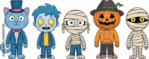 Collection of cute Halloween character mascots featuring a blue cat in a tuxedo zombie boy mummies and a pumpkin man for festive holiday designs