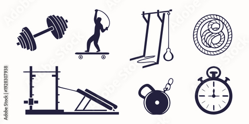 Assorted gym equipment including weights, a stopwatch, and a scale. Vector