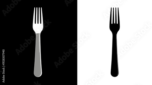 Stylized graphic of silver and black forks on contrasting monochromatic backgrounds, minimalist design