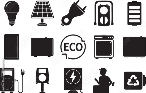 Black silhouette icons of energy and technology objects vector