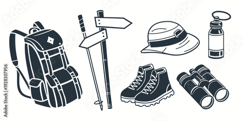Assorted hiking gear including a backpack, trekking poles, a hat, and a water bottle Vector