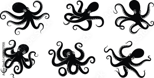 Six black and white octopus with detailed tentacles and varied poses on a white background marine