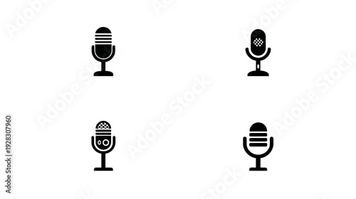 Vintage and modern microphone icon set vector illustration. Black silhouette mic symbols for audio recording, podcasting, voice and sound.