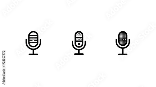 Minimalist microphone icons set. Simple black outline vector illustrations for audio, voice recording, podcasting, and communication.
