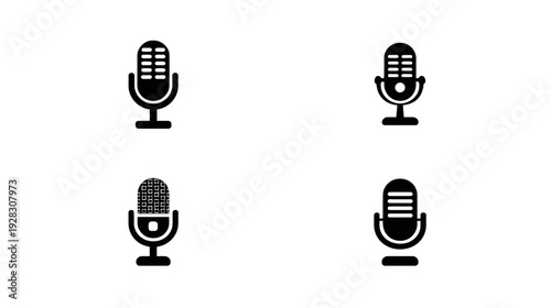 Set of black microphone icons for audio recording, podcasting, broadcasting, sound communication, voice, and media technology