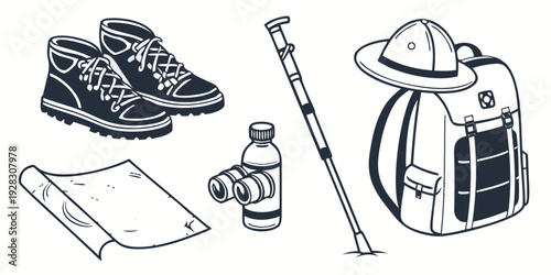 A collection of items for a camping trip including shoes, a map, and a tent. Vector