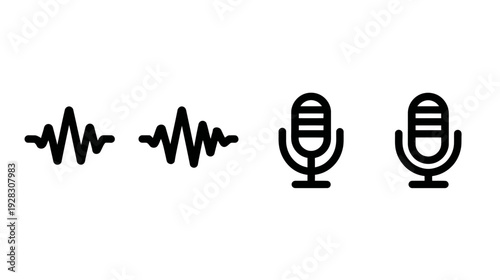 Audio Sound Waveform and Microphone Black Line Icons Set for Voice Recording, Podcast, Music, and Broadcast Concepts