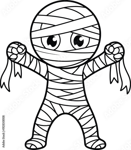 Cute mummy cartoon line drawing wrapped in bandages with expressive eyes, perfect for Halloween coloring pages, children’s spooky art projects, creative illustrations, and educational resources.