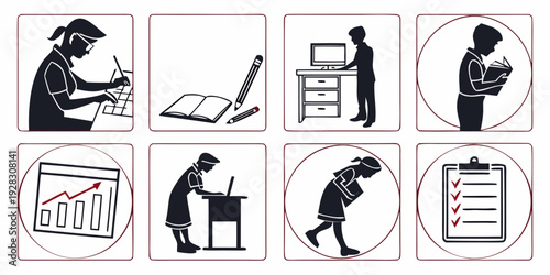 A series of icons depicting various activities and objects related to work and productivity. Vector