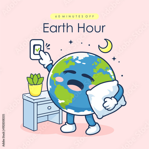 earth hour poster with cute planet turns off lights illustration