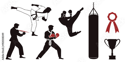 Martial arts competitors engage in intense sparring and training routines. Vector