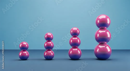 A series of shiny purple and pink metallic sculptures on a blue background