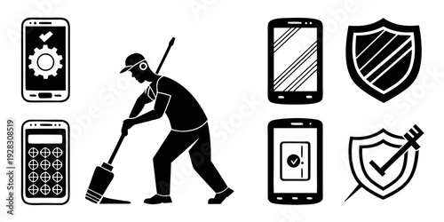 Illustration of a man cleaning up various digital devices and security icons Vector