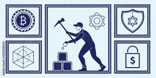 A man with a pickaxe standing on a pile of coins with various symbols around him Vector