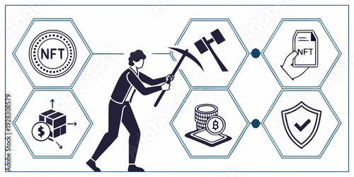 A person is depicted navigating through a series of hexagonal obstacles. Vector