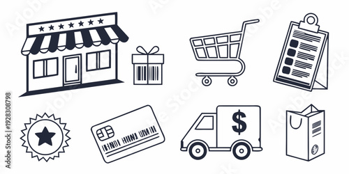 Illustration of various icons representing delivery, shipping, and online shopping Vector