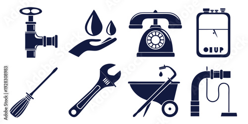 Assorted icons representing various tools, plumbing, and household services Vector