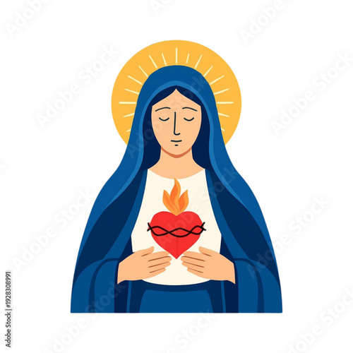 Ilustração religiosa do imaculado coração de maria com manto azul