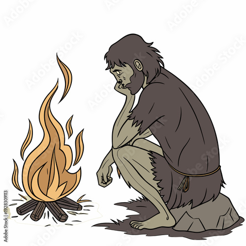 Stone age man sitting by campfire cave man