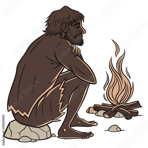 Stone age man sitting by campfire caveman