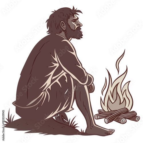 Stone age man sitting by campfire caveman 1