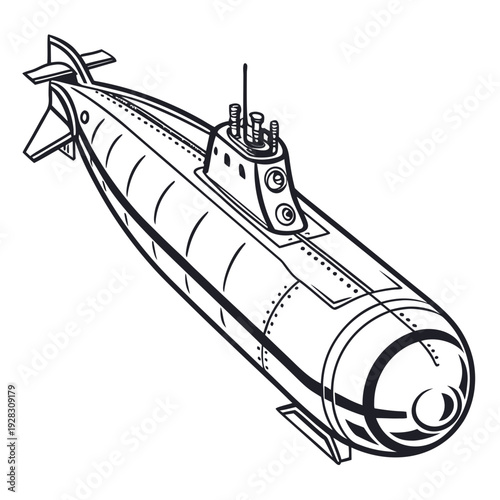 Black and white of a submarine nautical military vehicle