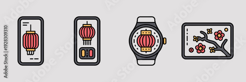 Lunar New Year tech gadget and UI icon set – Ideal for mobile app design, technology blogs, or festive digital wallpapers.