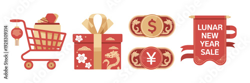 Lunar New Year ecommerce and shipping icon set – Ideal for online retail banners, logistics promotions, or holiday sales.