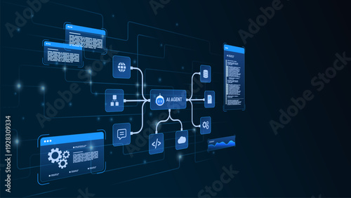 AI workflow automation artificial intelligence. ai agent network diagram dashboard machine learning architecture data pipelines, coding panels, analytics panels and process flow.