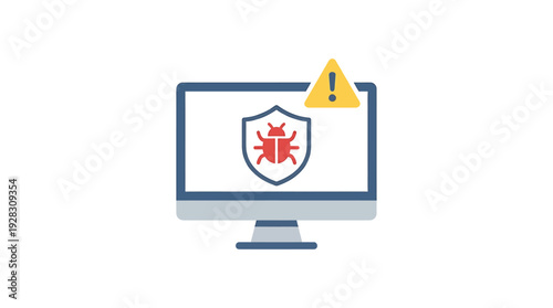 Computer Monitor with Bug Shield and Warning Sign Illustrating Cybersecurity Threat. Vector Illustrations. EPS Editable