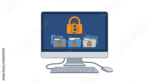 Computer Screen Displaying Locked Digital Files and Padlock Icon. Vector Illustrations. EPS Editable