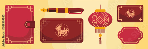 Elegant Lunar New Year office and planner icon set – Suitable for professional branding, elegant invitations, or productivity tools.