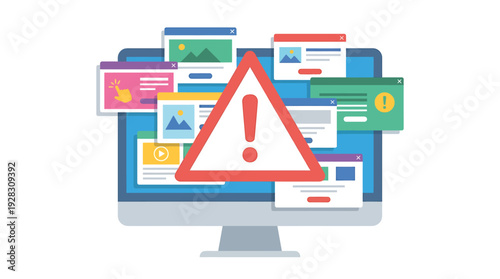 Computer screen with multiple popup windows and a large red warning sign indicating a system error or security threat. Vector Illustrations. EPS Editable