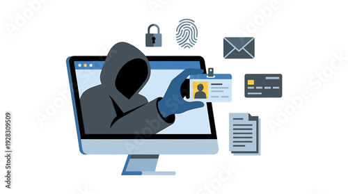 Cybercriminal stealing personal identity information from computer screen. Vector Illustrations. EPS Editable