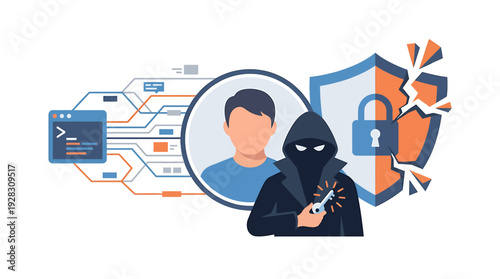 Cybersecurity and Data Protection Concept with Hacker and Broken Shield. Vector Illustrations. EPS Editable