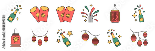 Office celebration icons with bonus envelope and lanterns