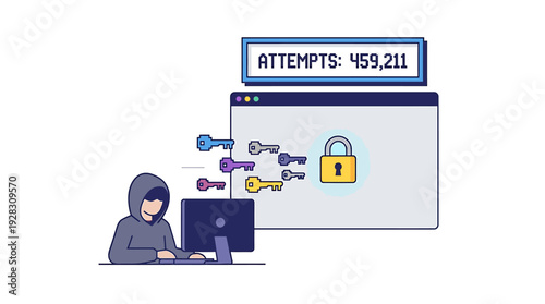 Cybersecurity hacker attempting brute force attack on digital system. Vector Illustrations. EPS Editable
