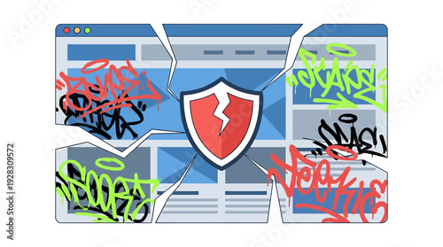 Cybersecurity Breach Concept Broken Shield and Graffiti on Website Mockup. Vector Illustrations. EPS Editable