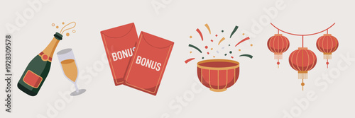 Business party icon sheet with champagne and confetti