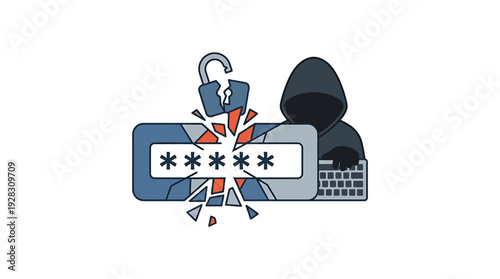 Hacker Breaks Password Security with Broken Lock Icon. Vector Illustrations. EPS Editable